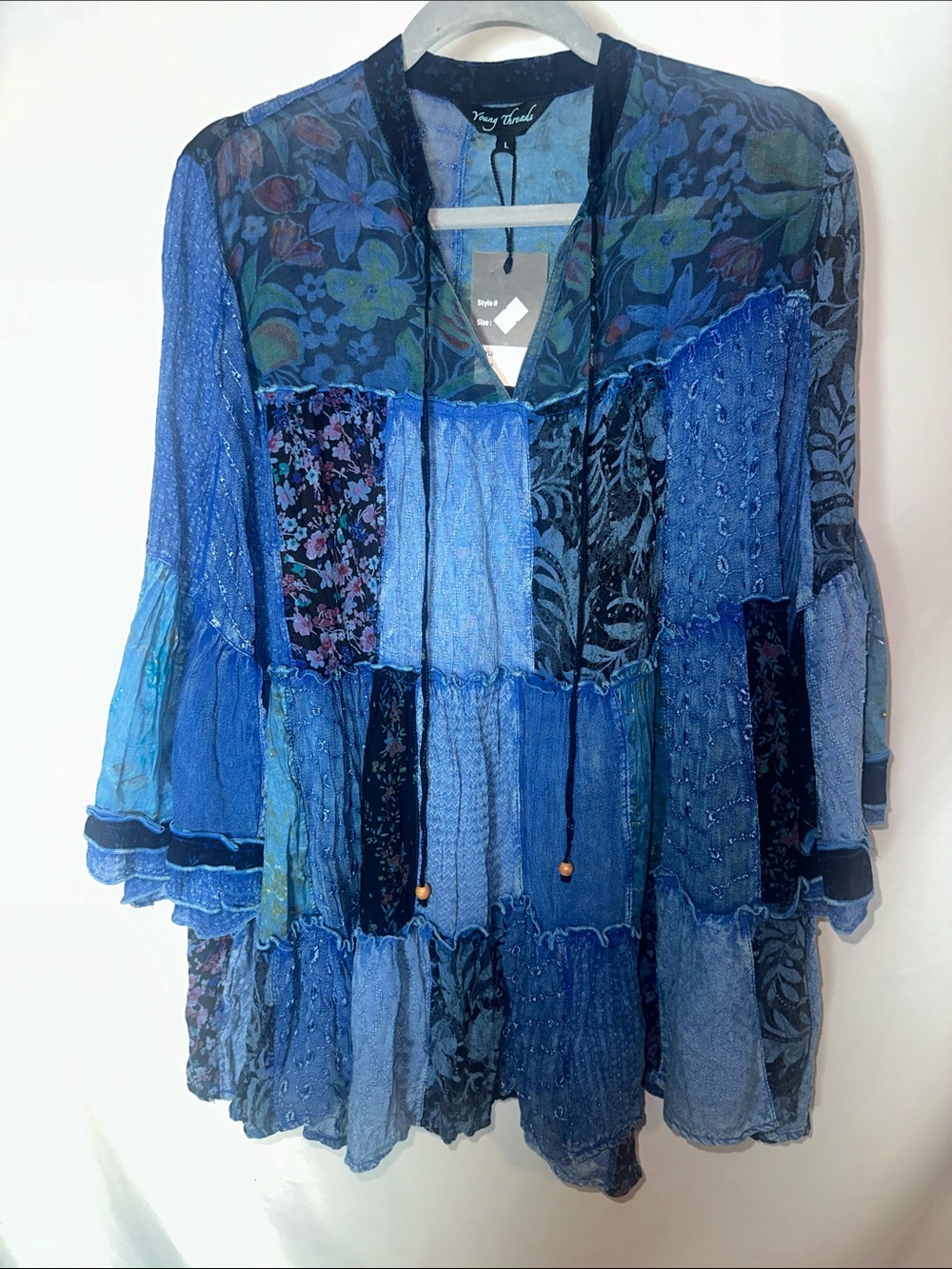 Young threads Blue Patchwork Boho Tunic Top - V-Neck Tie Detail